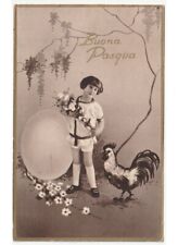 1934 Pasqua bambina mazzo di fiori uovo gallo glicine foto cartolina d'epoca