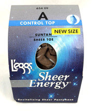 Collant top nuovo con scatola NOS leggs Sheer Energy Control - punta trasparente - A - abbronzatura