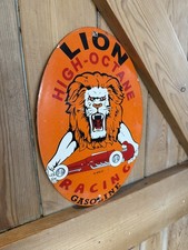 LION HIGH OCTANE USA Enamel Sign /Vintage Garage-Man Cave -American Classic car