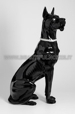 ALANO GIGANTE SEDUTO IN CERAMICA NERA CON OCCHI E COLLARE IN CRISTALLO SWAROVSKI