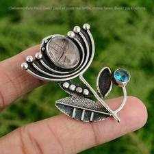 Ciondolo argento sterling quarzo rutilato nero pietra preziosa topazio blu svizzero loto