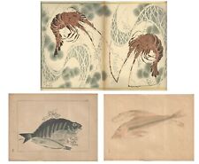 Stampe antiche SERIE 3 FOGLI STILE GIAPPONE PESCI ARAGOSTE 1885 Antique prints