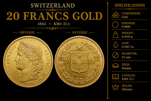 1883 svizzera oro franchi - oro, 20