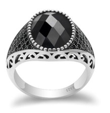 Anello Argento 925 Chevalier Turco Uomo Sigillo Lucifer Pietra Nera Stile Antico