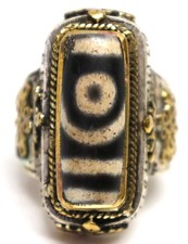 Antico anello in argento con perline Dzi agata ad un occhio in tibetano antico