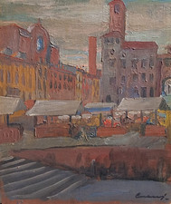 Dipinto Olio su Tavola "Piazza