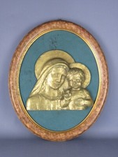 Quadro scultura bronzo Madonna con Bambino placca firmata cornice ovale XX Sec.