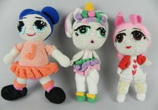 Tris Bambole Fatte a mano Lavorate a Uncinetto Colorate VINTAGE Idea Regalo