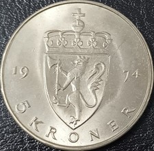NORVEGIA GROSSA MONETA 5 KORONE 1974 IN OTTIME CONDIZIONI