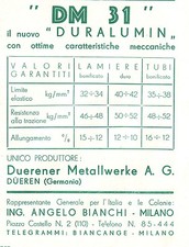 PUBBLICITA 1933 DURALUMIN DM 31 LAMIERE TUBI ALLUMINIO DUERENER DUEREN A.BIANCHI