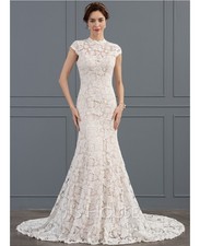 Abito da sposa a tromba/sirena collo alto cappella treno pizzo