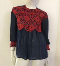 NARACAMICIE Maglia blusa blu pizzo rosso Tg 0