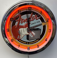Insegna Metallo 16" FENDER GUITAR Rosso Neon Orologio Da Parete Amplificatore Studio Musicale