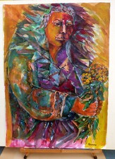 Saverio Terruso (1939 - 2003) - Donna con mazzo di fiori Litografia retouchè