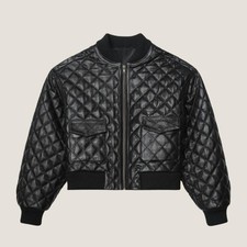 Giubbotto pelle trapuntato nero donna 100% vera pelle di agnello biker bomber jacket-269