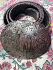 CINTURONE WESTERN con Grande Fibbia In Ottone Argento 12/10, Pelle Vera m.110/4