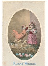 1927 Pasqua foto cartolina bambina moda d'epoca gallina pulcini uova colorate