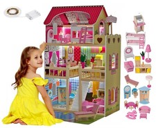 Gigante Casa Casetta delle Bambole h 90cm in Legno con Mobili e Luci a Tre Piani