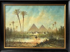 Dipinto A Olio Egitto Paesaggio Con Piramidi E Palme Firmato Illegibilmente