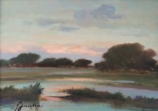 Dipinto olio metà 20 JH. Lago toscano e paesaggio boschivo al tramonto