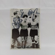 Ritaglio di giornale con foto e autografi dei calciatori Charles e Boniperti