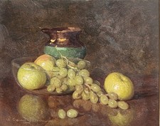 Alcide Ernesto Campestrini ( Milano 1897-1983) Natura morta con mele, uva bianca