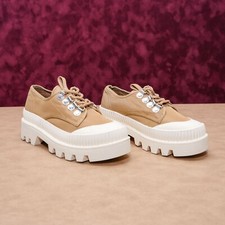 Jeffrey Campbell Women B2School Tan Fabric Lace-up Platform Sneakers Shoes Sz 6