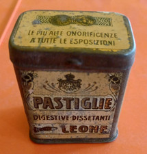 Rarissima scatolina in latta da passeggio pastiglie Leone, prima grafica,  1900