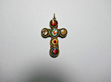 ANTICA MEDAGLIA CROCIFISSO PENDENTE IN MICROMOSAICO VETRO -BRONZO DORATO 40x27mm