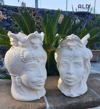 Teste di moro in terracotta bianca grezza coppia vasi soprammobili