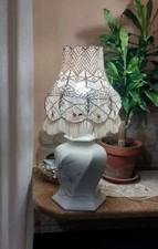 Grande Lampada In Porcellana Vintage Anni80 Con Paralume Artigianale In Macrame 