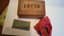 GIOCO DEL LOTTO COMPLETO DI CARTELLE NUMERI SCATOLA IN LEGNO D'EPOCA-MANFREDI TO