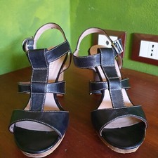 sandalo donna nero vera pelle  tacco effetto legno comodi cinturino fibbia n 37