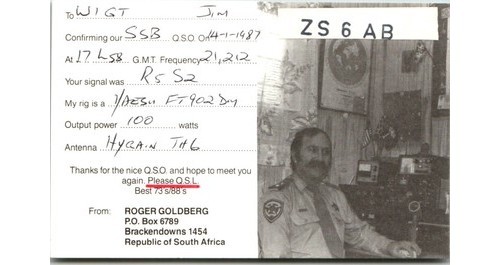 Zs6ab goldberg qsl card - '87, sa