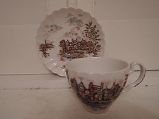 Vintage Johnson Bros. Ancient Towers Cup & Saucer Brown Transferware Ironstone