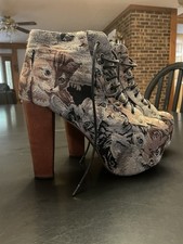 Rari stivali stringati Jeffery Campbell da donna taglia 9 gatto arazzo Lita platform