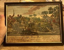 ANTICA STAMPA ACQUERELLATA CACCIA ALLA TIGRE CORNICE E VETRO