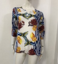 ANTICA SARTORIA Maglia blusa bianca blu fantasia Tg M Cotone