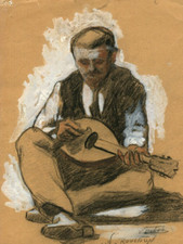 Antico disegno cacorale originale uomo orientale ritratto, musicista, mandolino