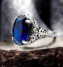 ANELLO STILE VINTAGE ARGENTO STERLING 925 ENORME ZAFFIRO SIMULATO BLU REALE 1793