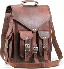 Zaino vintage in vera pelle di capra marrone vero laptop messenger borsa a tr...