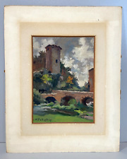 QUADRO DIPINTO OLIO TAVOLA "Natale Pollastrini" PAESAGGIO ROMA torre ponte fiume