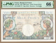 FRANCIA: Banconota da 1000 Franchi, (UNC PMG66), P-96c, 06.07.1944, senza riserva!