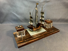 Antico Portapenne Di Ufficio IN Legno Con 2 Calamai IN Vetro Déco Nave Anni 1950