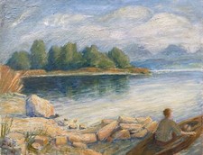 Dipinto A Olio Paesaggio Uomo