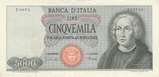 BANCONOTA REPUBBLICA ITALIANA 5000 LIRE COLOMBO UNA CARAVELLA 04-01-68 SPL RARA