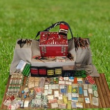 Vintage Pesca centinaia di articoli più cassetta legno alluminio 6 scomparti