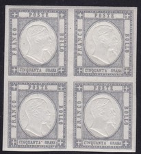 1861 PROVINCIA NAPOLETANA, n. 24a 50 Grana Grigio MNH/** QUARTINA