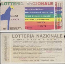 BIGLIETTO LOTTERIA BENEVENTO CITTA' SPETTACOLO 1994 + TAGLIANDO "PERFETTO"