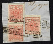 1850 ASI Lombardo Veneto 15 centesimi da Bergamo su frammento